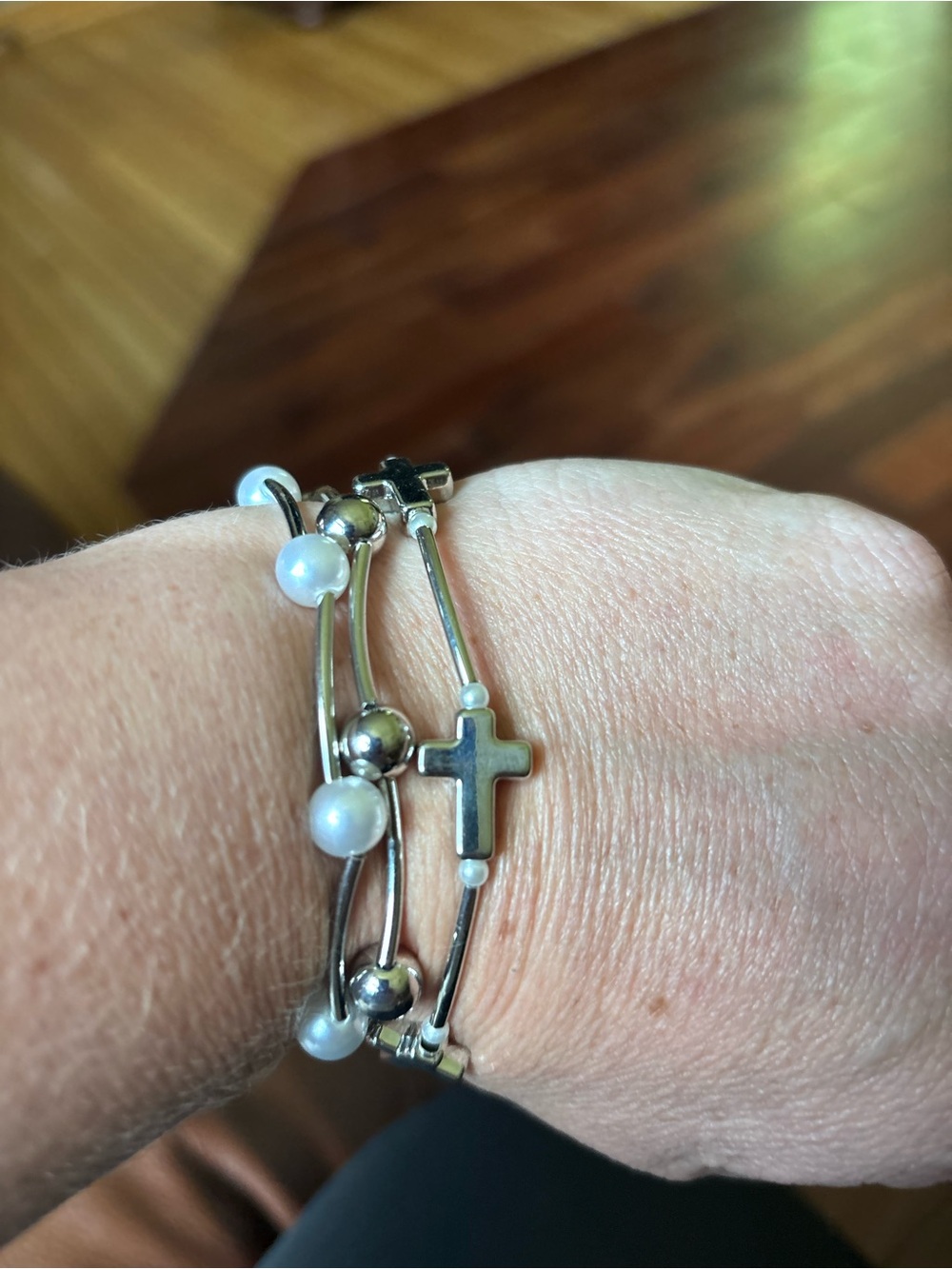 Silver Cross and Pearl Multi-Row Bracelet